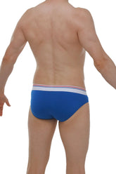Blue briefs with a white waistband and thin red and blue stripes made from modal fabric in brief protruder modal blue style
