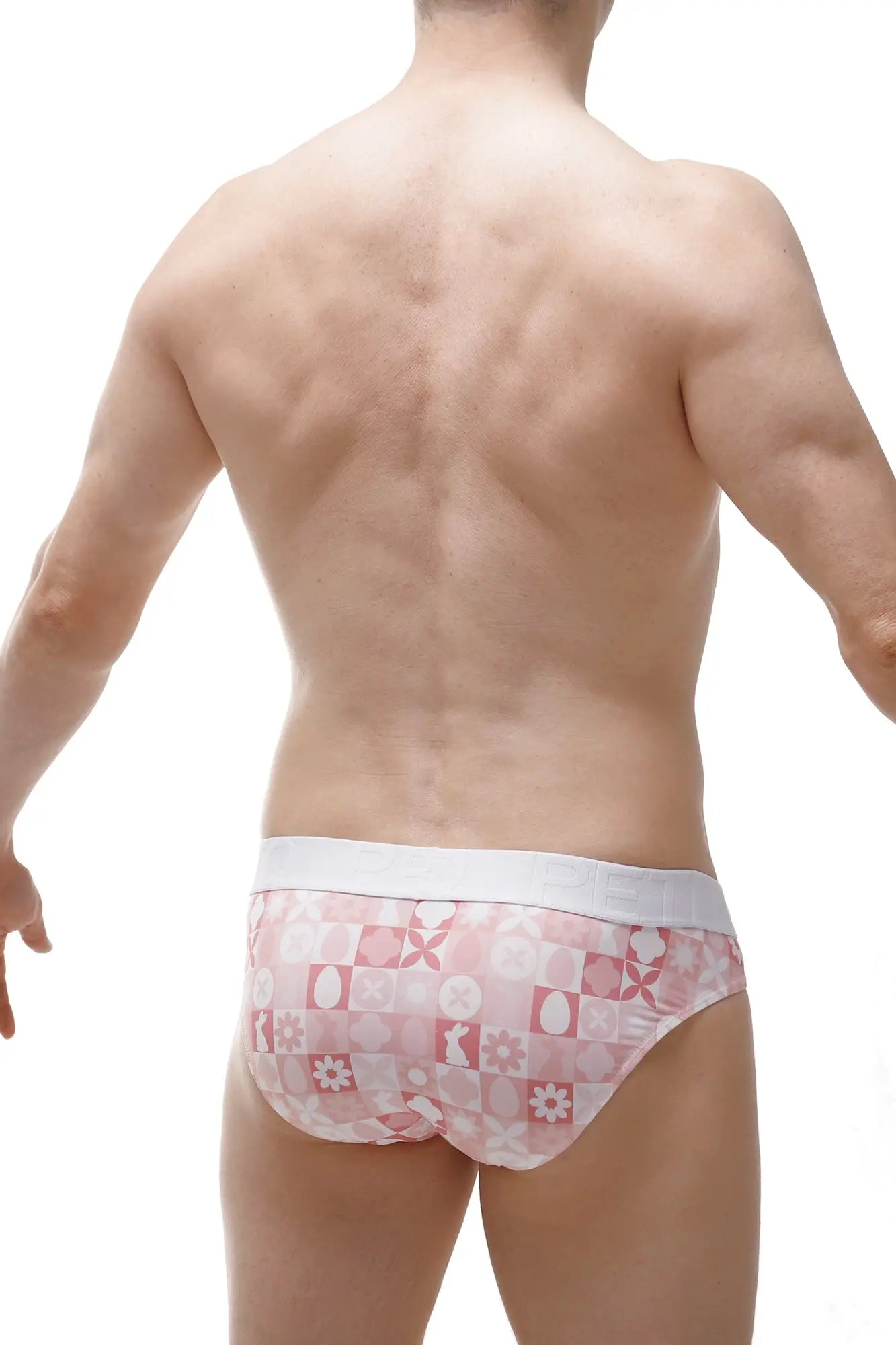 Pink and white patterned men’s briefs with geometric design from brief protruder pink bunny collection