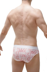 Pink and white patterned men’s briefs with geometric design from brief protruder pink bunny collection