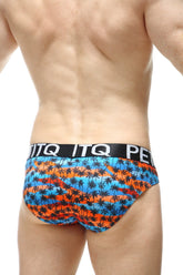 Brief protruder temae swim trunks with vibrant blue and orange stripes black palm tree pattern and itq logo waist band