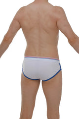 White briefs with blue trim and a red white and blue striped waistband made from soft modal fabric