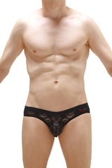 Brief Scaux Lace black men’s underwear with delicate intricate lace pattern and small red logo on waistband
