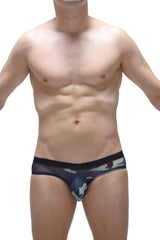 Dark blue and gray camouflage patterned men’s briefs with black elastic waistband from brief scaux net camo collection