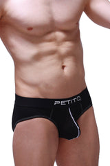 Petitq brief dome modal black men’s briefs with white stitching and petitq logo on the waistband