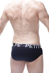 Black men’s briefs with white petit logo band featuring rainbow star pattern for comfortable everyday wear