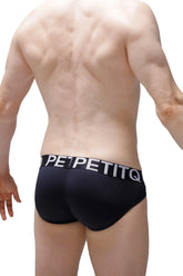 Black petitq briefs with white logo band made from econyl fabric for sustainable comfortable wear