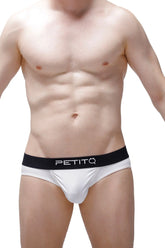 White petitq briefs with a black branded waistband made from econyl material called brief taik econyl white