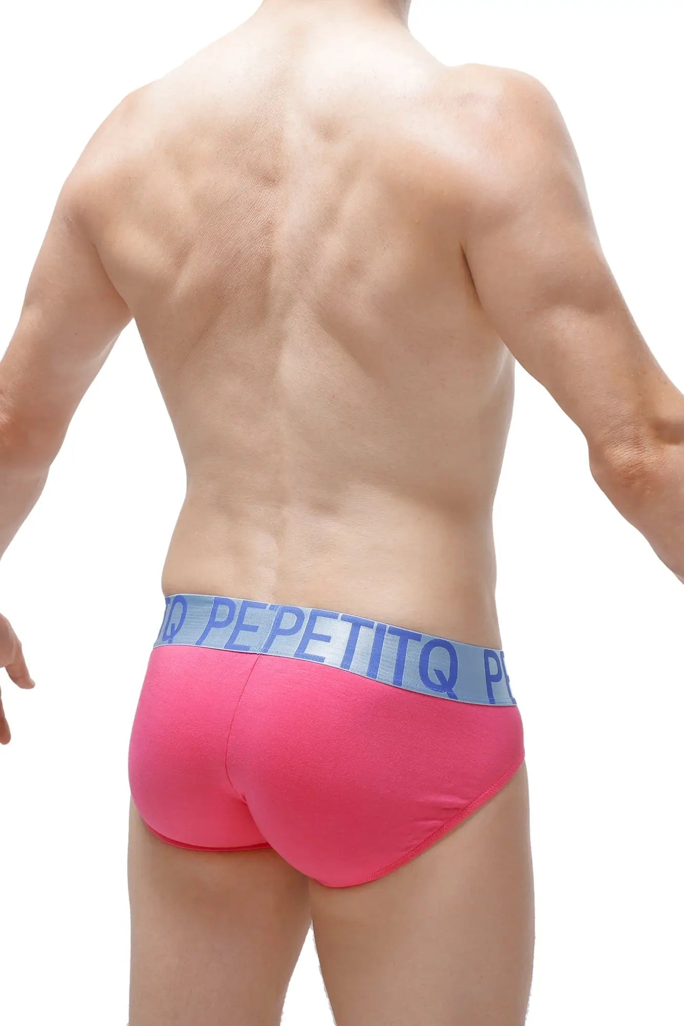 Bright pink Taik modal briefs with light blue elastic waistband featuring bold white pepetitq branding