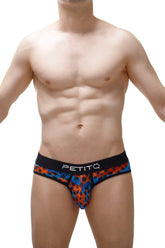 Brief Temae men’s briefs with blue and orange palm tree pattern and black petitq waistband