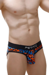Brief temae men’s briefs with vibrant tropical orange and blue palm tree pattern and black petitq branded waistband