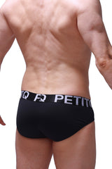 Black petitq briefs with a white logo band featuring a comfortable cotton blend for everyday wear
