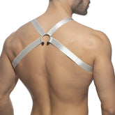 Silver metallic bull ring harness featuring a central circular ring and black spherical accents for stylish wear