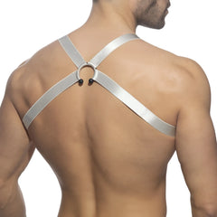 Silver metallic bull ring harness featuring a central circular ring and black spherical accents for stylish wear