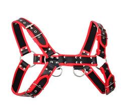 Red and black leather bulldog harness with piping and silver toned metal hardware showing front side details
