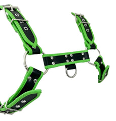 Vibrant green and black leather bulldog harness with piping and silver-toned metal hardware