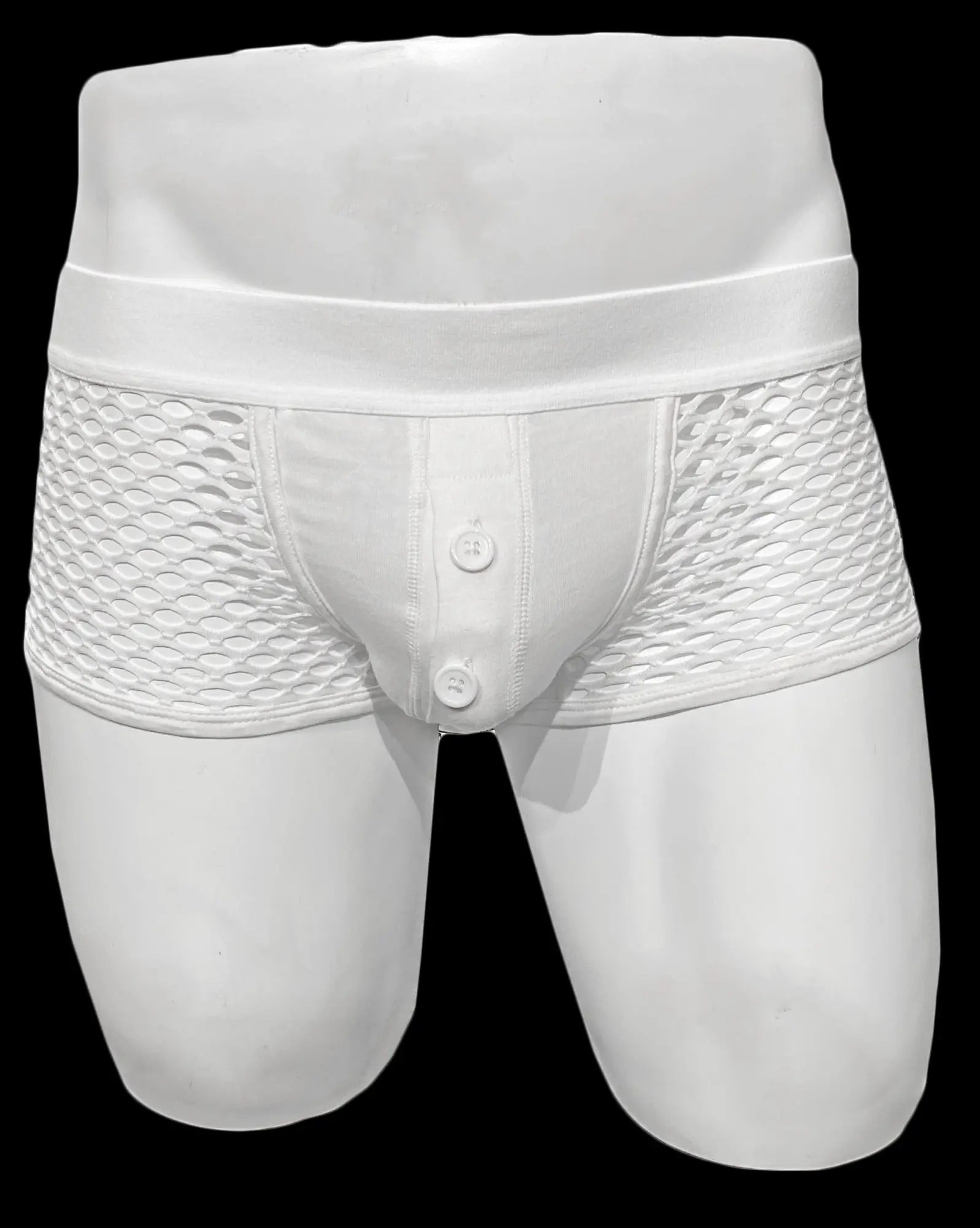 White mesh button fly fishnet trunk briefs with button-front design and elastic waistband