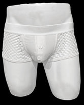 White mesh button fly fishnet trunk briefs with button-front design and elastic waistband