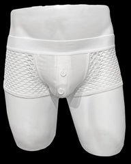 White mesh button fly fishnet trunk briefs with button-front design and elastic waistband