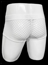 White button fly fishnet trunk briefs with smooth elastic waistband and white mesh fabric