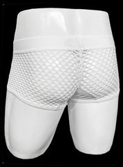 White button fly fishnet trunk briefs with smooth elastic waistband and white mesh fabric