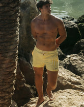 Byron swim short in dolce yellow with yellow and white stripes and drawstring waistband for comfortable fit