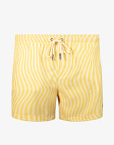 Byron swim short in dolce yellow featuring yellow and white wavy-striped swim trunks with a drawstring waistband