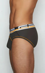 Black c-in2 brief 3313-068 with bold white yellow striped waistband and orange stitching along leg openings