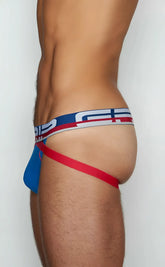 Blue and red athletic briefs with a white blue and red striped waistband featuring the cip logo c-in2 jockstrap 3326-421
