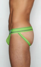 Bright lime green c- in2 jockstrap 6726 athletic briefs with black trim and subtle waistband logo