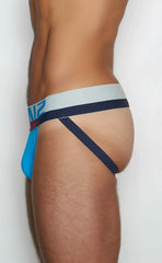 Blue and navy blue athletic briefs with light gray waistband featuring C-IN2 logo in jockstrap 8025-412 design