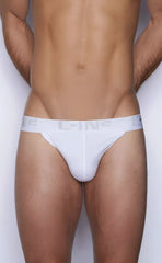 White c-in2 y-back thong briefs with sleek minimalist design and subtle gray branding on waistband from back view