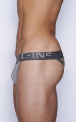 Gray c-in2 y-back thong briefs with black waistband and gray fabric shown from the back side