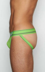 Bright lime green c- in2 jockstrap 6726 athletic briefs with black trim and subtle waistband logo