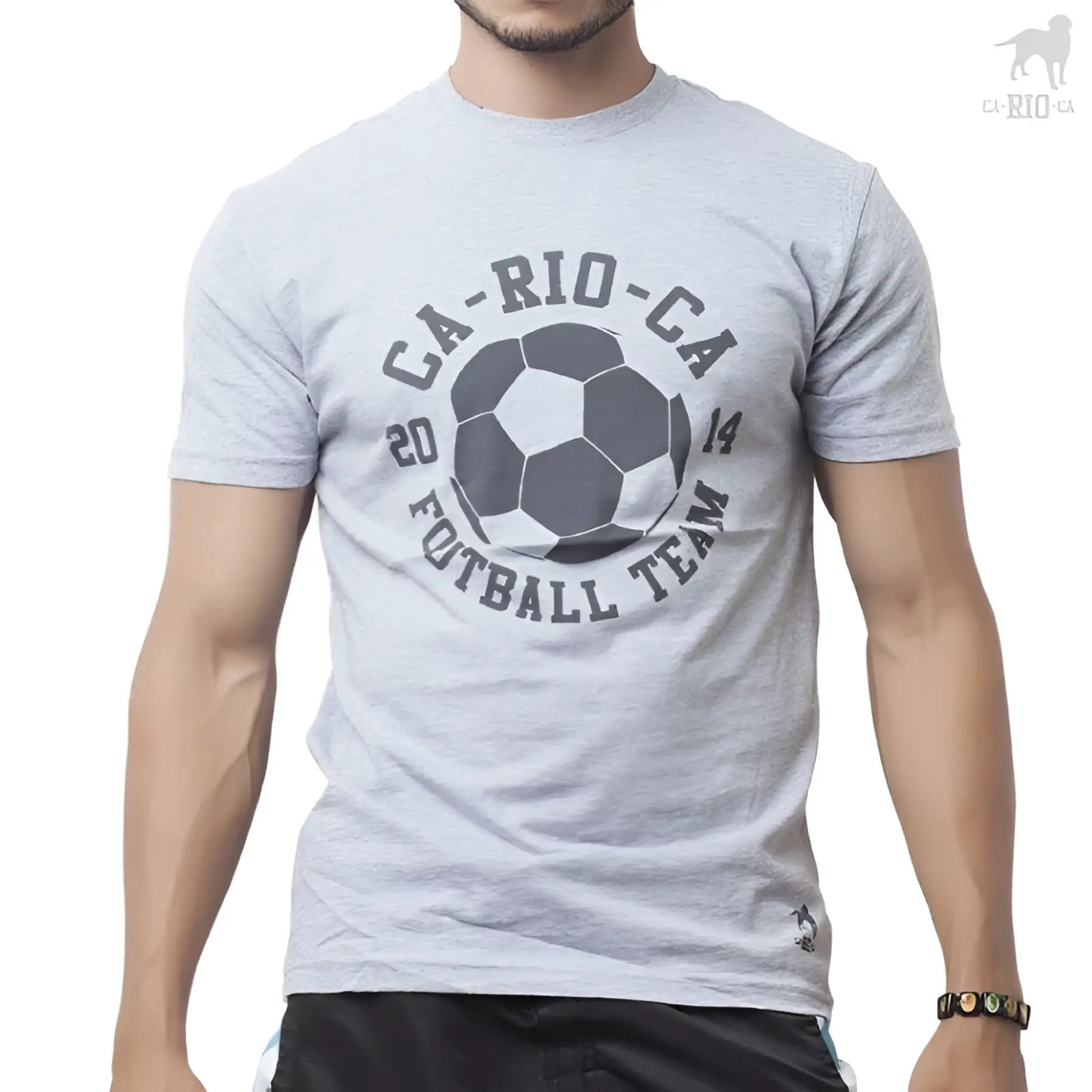 Gray heathered cotton t-shirt with black and white soccer ball graphic and ca-rio-ca 2014 futbol team text in size M