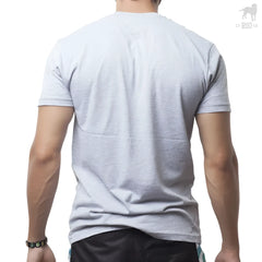 A heather gray short-sleeved crew neck t shirt with subtle stitching details for CA-RIO-CA football team size M