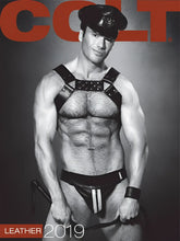 Black leather harness with silver studs and matching black briefs with white stripes from calendar 2019 colt leather