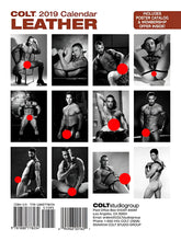 2019 colt leather calendar featuring black and white photos of muscular men in leather harnesses and lingerie