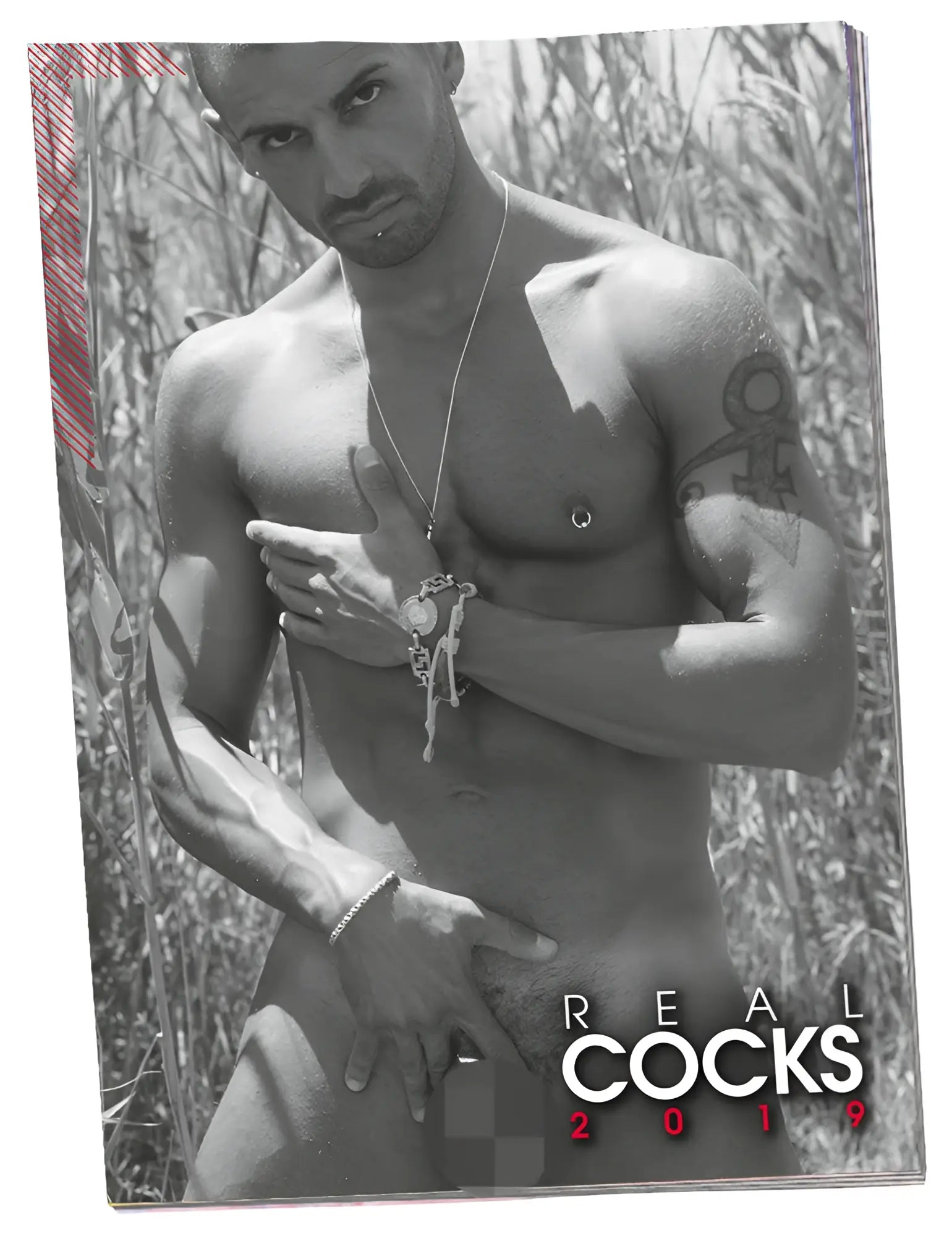 Black-and-white calendar 2019 pin up featuring muscular tattooed man with silver chain necklace and bracelet one size