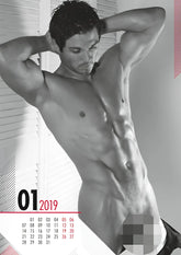 Black-and-white calendar page showing a muscular man pose with january 2019 and monthly grid for calendar 2019 pin up real cocks 0180483