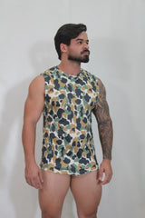A men’s sleeveless camouflage open arm tank top in green brown and black on white for casual wear