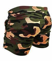 Camouflage shorts in dark green black and tan blend with durable fabric for outdoor and casual wear