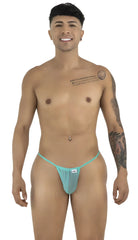 Teal mesh thong g-string with a small white brand tag on the front by candyman 9586 in aqua mesh material