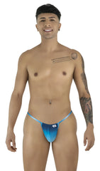 CandyMan 9586 g-string blue gradient swim trunks with a subtle side logo perfect for beachwear