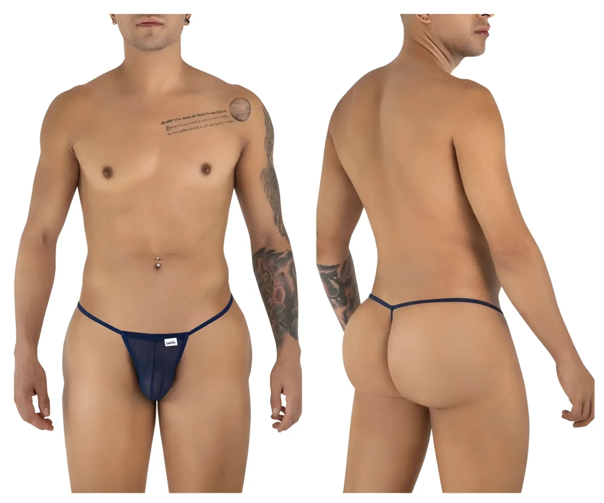 Navy blue CandyMan 9586 G-string thong in dark blue mesh with a small white brand tag on the front