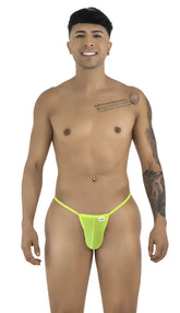 Bright neon green CandyMan 9586 G-string thong with hot green mesh and a small white brand tag on the side