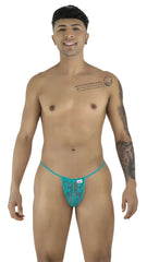 Teal lace CandyMan 9586 g-string thong with small white brand tag on front in color jade lace material