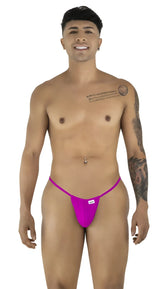 Bright fuchsia CandyMan 9586 g-string thong with a small white brand tag on the front in magenta color