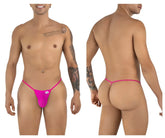 Bright pink form-fitting thong with a small white brand tag front candy man 9586 g-string color magenta mesh