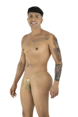 Beige CandyMan 9586 g-string thong in mocca mesh with a small blue and white brand tag on the side