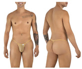 Beige candy man 9586 g string with thin elastic waistband and white brand tag in mocca mesh material